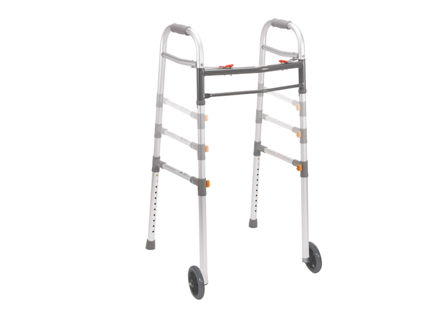 Two Button Folding Universal Walker with 5 Wheels
